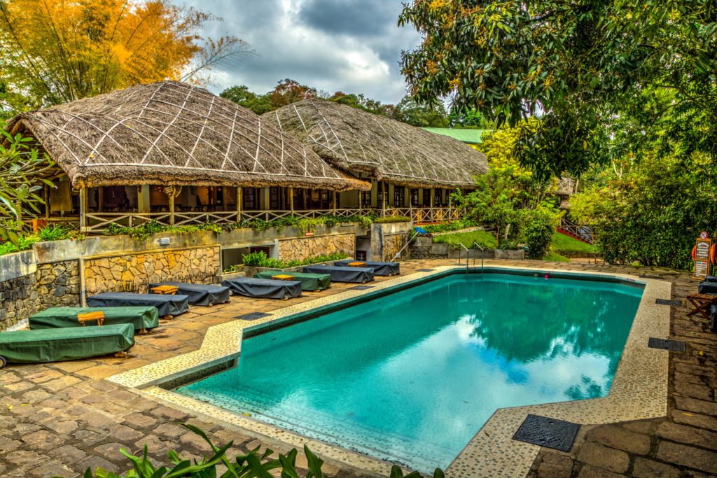 The sapphire-coloured swimming pool at Spice Village in Thekkady, India