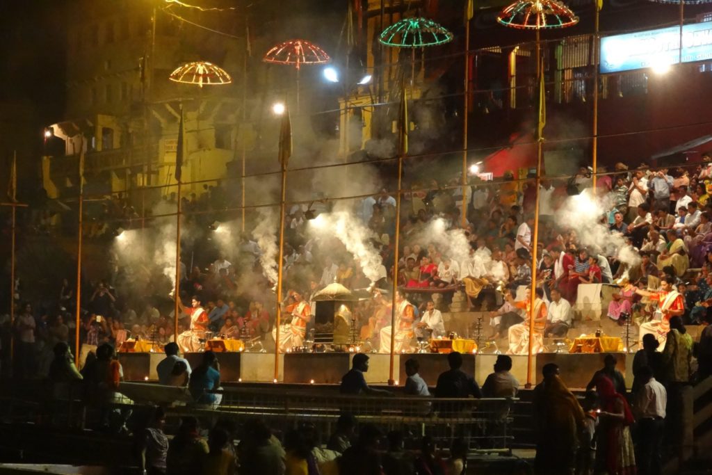 An evening aarti ceremony from the water in Varanasi