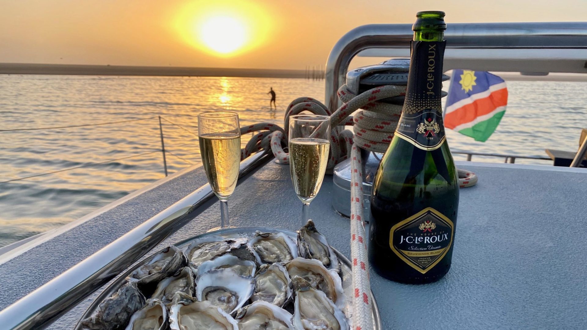 Oyster platter and wine on the Namibia Catamaran Cruise