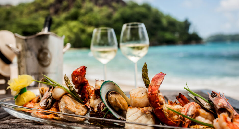 Seafood lunch and wine platter, South Africa cuisine