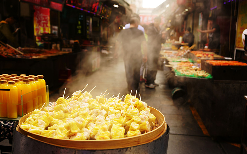 Dumplings cooking in a market