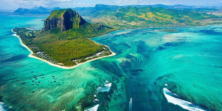 Aerial view of Mauritius island and Le Morne Brabant mountain
